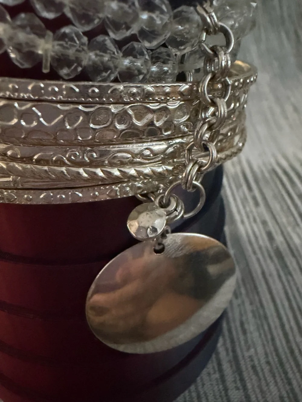 Silver Tone Charm Bangle Bracelet Set in Clear and Silver